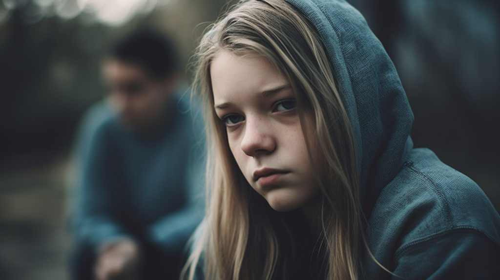 Depressed female teenager sitting away from her peers.
